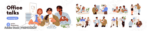 Office talks during coffee breaks set. Conversations, informal communication between colleagues. Friends chatting, time at water cooler. Flat graphic vector illustration isolated on white background