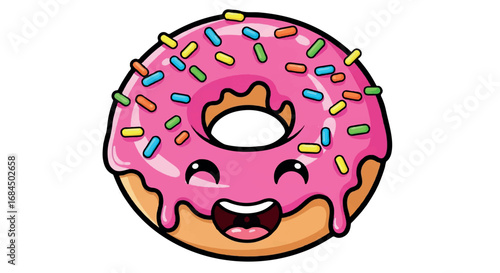 Cute Pink Donut with Sprinkles Cartoon Illustration.