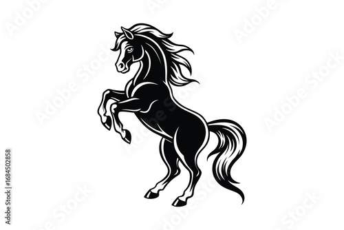 Powerful black horse rearing up in a dynamic silhouette against a clean white background symbolizing freedom and strength isolated on white background