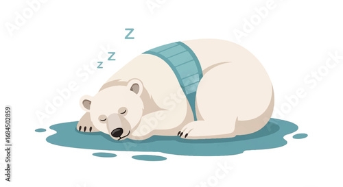 Cute Polar Bear Sleeping Peacefully on Ice.