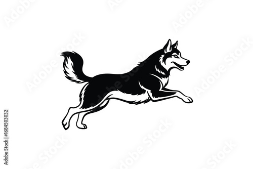 Dynamic silhouette of a husky dog in mid air stride captured in a striking black and white illustration isolated on white background silhouette