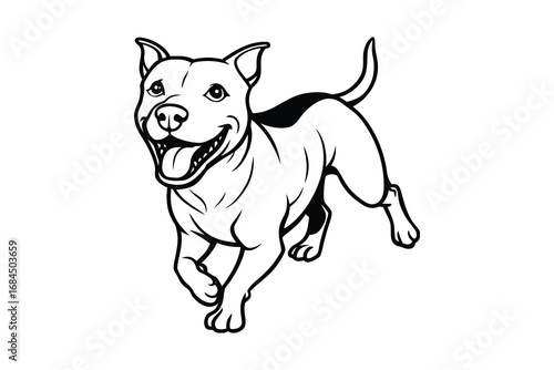 Happy energetic pit bull dog running with open mouth and wagging tail silhouette isolated on white background