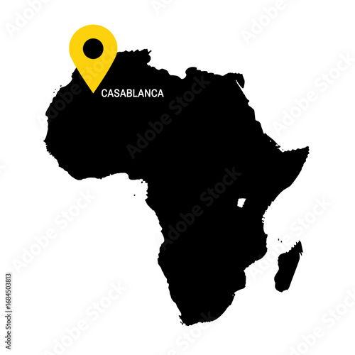 Map of Africa highlighting Casablanca, Morocco with vibrant pinpoint designation illustration