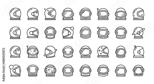 Collection of diverse astronaut helmet icons illustrating space exploration and futuristic themes