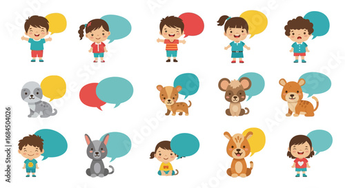 Delightful cartoon collection featuring children and animals holding vibrant speech bubbles