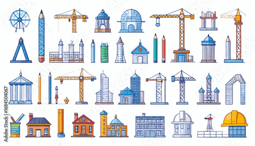 Modern flat vector architecture icon set including blueprint, compass, column, building, crane, and hard hat