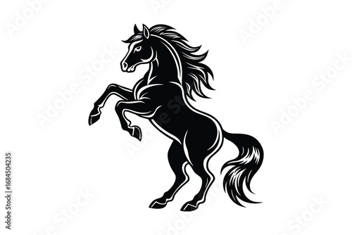 Powerful black horse rearing up in a dramatic silhouette against a clean white background symbolizing strength and freedom isolated on white background