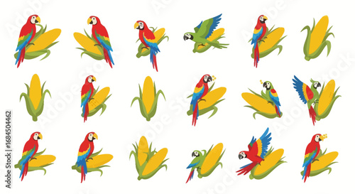 Vibrant parrots and corn cobs create a cheerful tropical pattern with a whimsical playful feel