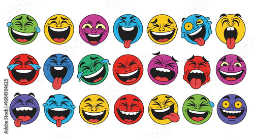 Diverse collection of vibrant cartoon emoji faces showcasing various expressions of intense