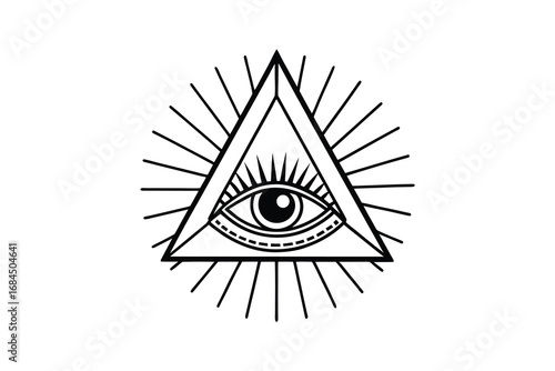 Mysterious all seeing eye within a triangle with radiating lines silhouette isolated on white background