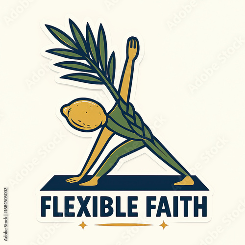 Lulav in yoga pose, vector art, olive greens and navy, flexible faith -