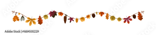Fall leaf garland. Autumn string with hanging leaves, cones. Festive seasonal...