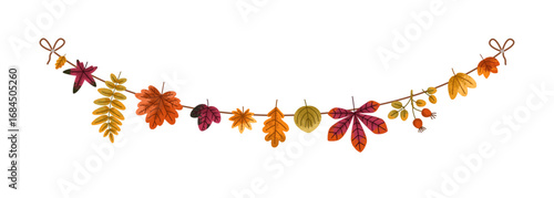Autumn leaves garland. Fall leaf string with different forest tree foliage, hanging on rope. Decorative botanical natural border. Seasonal flat vector illustration isolated on white background