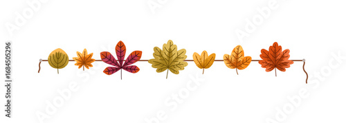 Autumn garland. Fall leaf decoration. Natural foliage decor with dry leaves attached to string, rope. Botanical festive seasonal ornament. Flat vector illustration isolated on white background