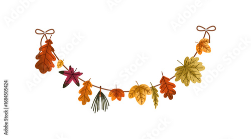 Fall leaves hanging on string. Autumn garland with different dry foliage. Forest leaf decor, ornament on rope. Natural seasonal decoration. Flat vector illustration isolated on white background