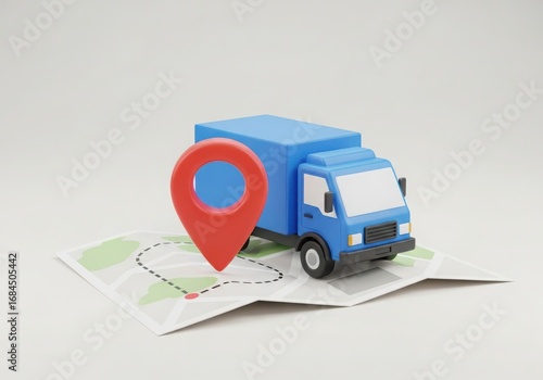 Blue delivery truck parked on a folded map with a red location pin, signifying delivery route planning and navigation services