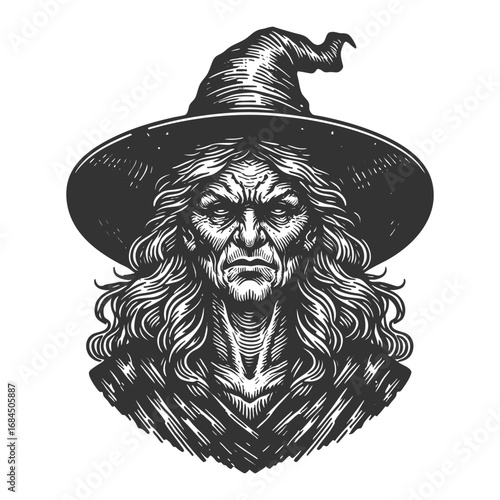 old witch with long hair and a pointed hat, perfect for Halloween themes sketch engraving generative ai fictional character vector illustration. Scratch board imitation. Black and white image.