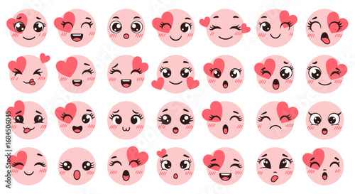 Collection of whimsical pink kawaii emoji faces adorned with charming heart embellishments