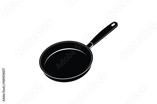 A black silhouette of a frying pan with a long handle presented in a clean minimalist style isolated on white background