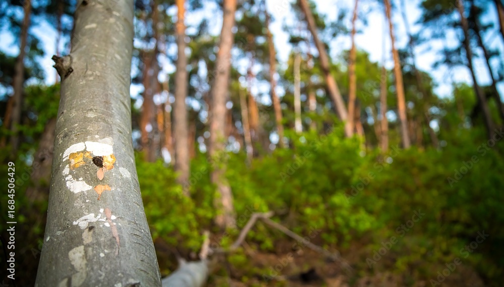 Fototapeta premium Forest scene, close-up of tree trunk with markings, blurry background