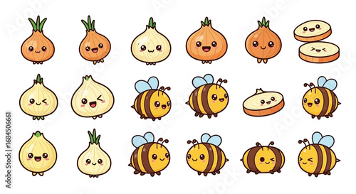 Playful Kawaii Characters: Onions and Bees Illustrated with Expressive Faces and Shapes