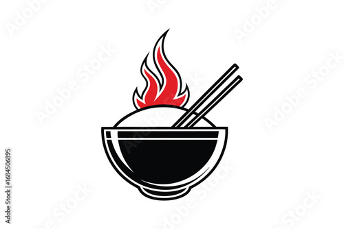 Stylized silhouette of a bowl of rice with chopsticks and flames representing spicy asian cuisine isolated on white background silhouette