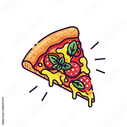 Delicious Slice of Pepperoni Pizza with Melting Cheese and Fresh Basil.