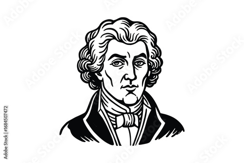 Detailed black and white illustration of a historical figure s head and shoulders in silhouette isolated on white background