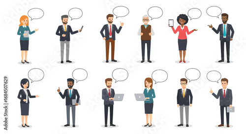 Diverse professionals with speech bubbles, illustrating communication and teamwork concepts