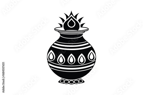 Traditional indian kalash pot with a flame on top representing prosperity and auspiciousness silhouette isolated on white background