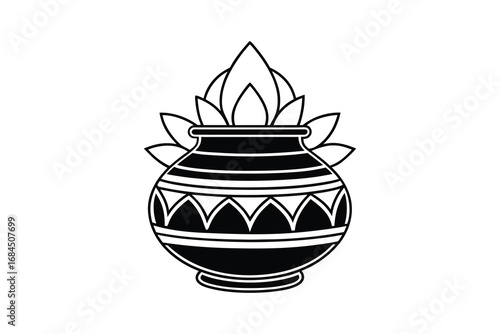 Traditional indian kalash symbol silhouette with auspicious mango leaves and coconut isolated on white background