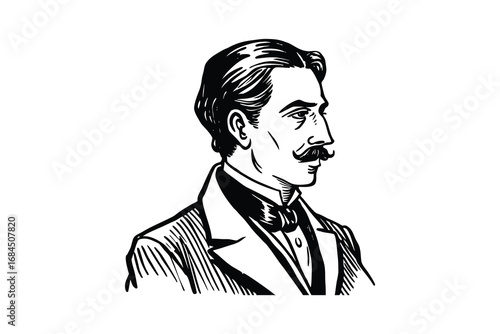 Vintage victorian gentleman with mustache and bow tie in profile silhouette isolated on white background