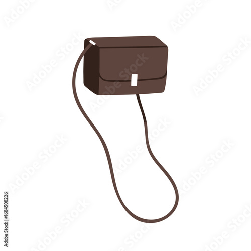 Box bag with long shoulder strap. Small structured hard purse, stylish women accessory. Elegant female fashion clutch in modern trendy style. Flat vector illustration isolated on white background