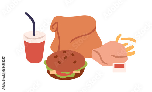 Fast food, takeaway meal. Burger, French fries, soda drink, sauce, take-away ...