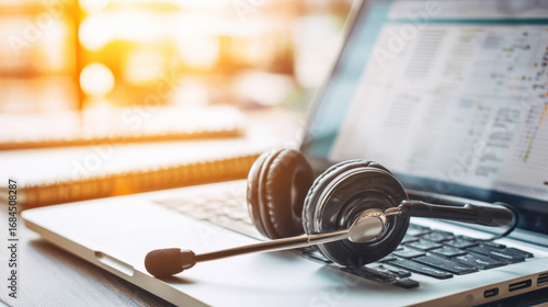 Office setup with headset on notebook and glowing laptop with chat windows symbolizing organized positive customer support culture