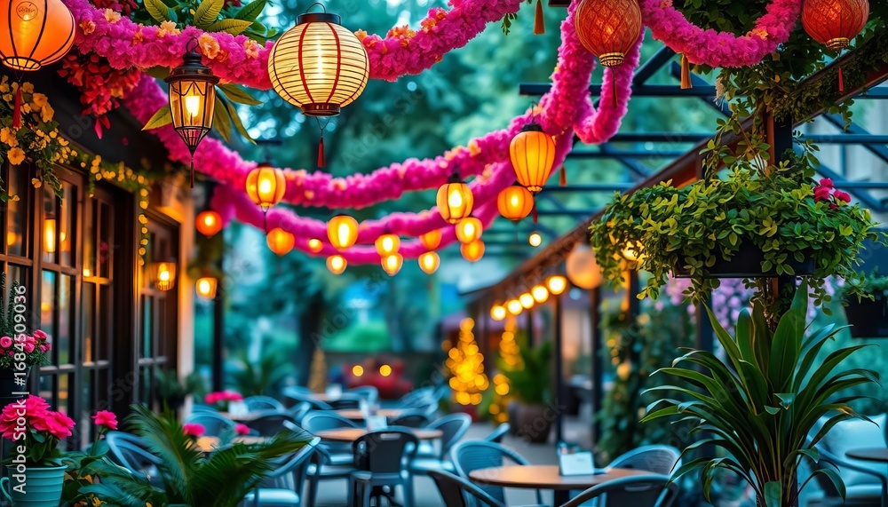 Fototapeta premium Twinkling lanterns & vibrant garlands adorn a charming outdoor cafe garden, enchanting, whimsical