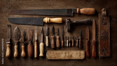 Collection of vintage woodworking tools arranged on a rustic wooden surface.