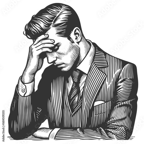 businessman in a suit sitting with his head in hand, symbolizing stress and frustration sketch engraving generative ai fictional character vector illustration. Scratch board. Black and white image.