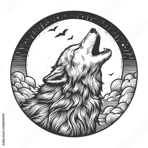 fierce werewolf with claws extended, howling at the full moon with bats flying around sketch engraving generative ai fictional character vector illustration. Scratch board. Black and white image.