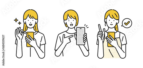 イラスト素材: スマホを見て喜ぶ若い女性 表情セット