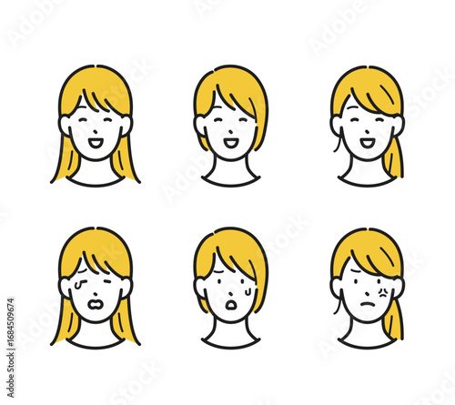 イラスト素材：若い女性の表情セット
