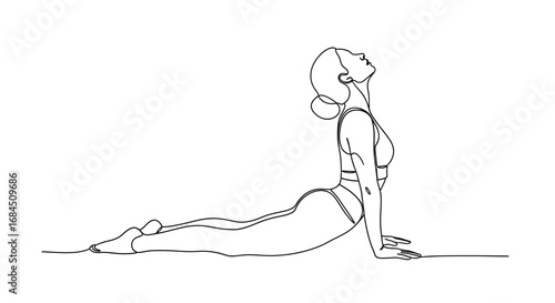 Minimalist line art illustration depicting a woman practicing yoga gracefully in white backdrop