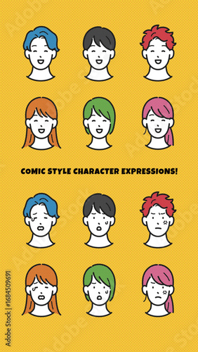 イラスト素材：若い男女の表情セット