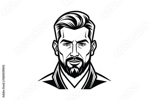Stylized line art silhouette of a bearded man with a modern hairstyle isolated on white background