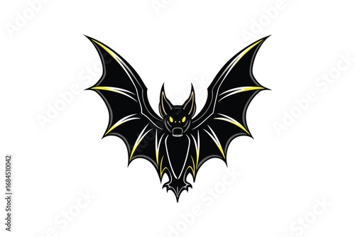 Fierce black bat silhouette with glowing yellow eyes and spiky wings isolated on white background