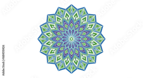 Intricate geometric kaleidoscopic design showcasing symmetrical diamond arrangements and blue