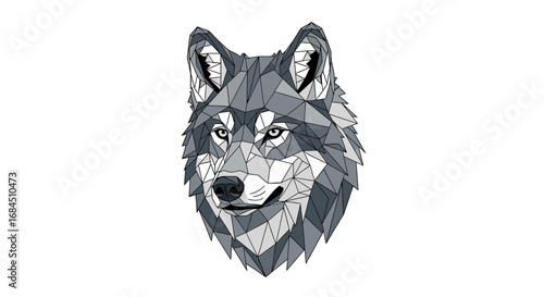 Geometric wolf head illustration with a polygonal design and monochrome color scheme