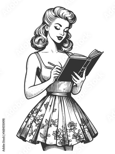 woman in a floral skirt holding a notebook and pencil, symbolizing focus, study, and creativity sketch engraving generative ai fictional character vector illustration. Scratch board. Black and white.