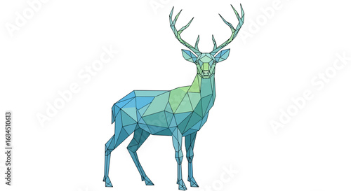 Geometric depiction of a polygonal deer in shades of blue and green isolated on white