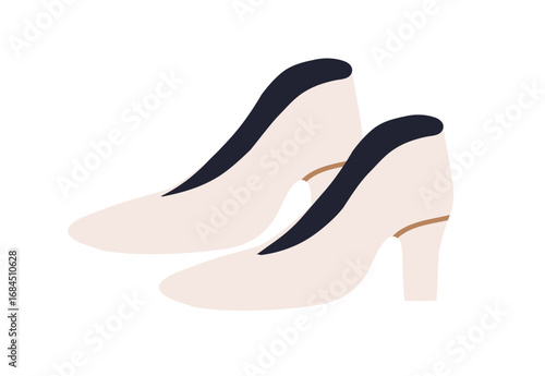 Elegant court shoes, pumps. Pointed-toe footwear, women foot wear pair, side view. Modern fashion style design with heel for female outfit. Flat vector illustration isolated on white background